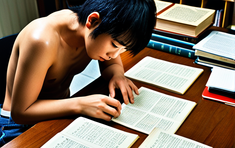 **

> Hardworking student at desk, surrounded by textbooks and study materials. Focus on determination and effort.  Include Japanese study aids like kanji flashcards and a well-worn textbook.  Atmosphere of late-night study session.
 
**