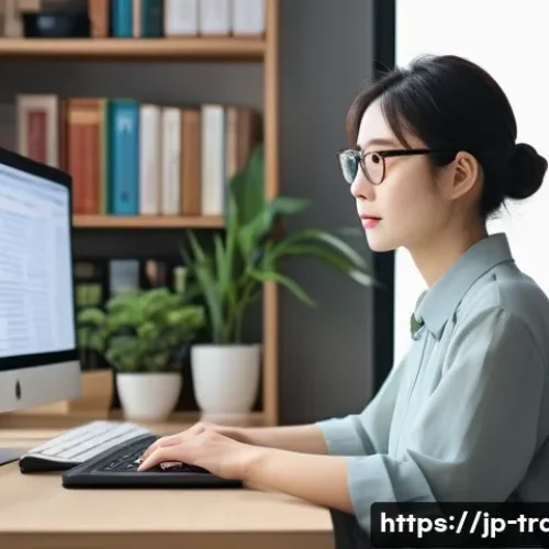 번역사 자격증을 가진 전문가의 인터뷰 - A modern Japanese translator at a clean, organized desk with dual monitors displaying translation so...