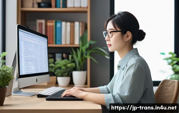 번역사 자격증을 가진 전문가의 인터뷰 - A modern Japanese translator at a clean, organized desk with dual monitors displaying translation so...