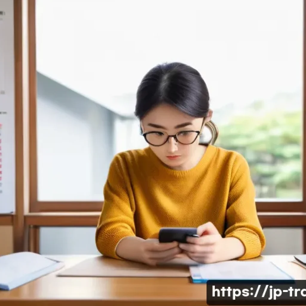 번역사 실기시험 실전 연습법 - A focused Japanese female student in her early 20s sitting at a wooden desk in a bright, modern stud...