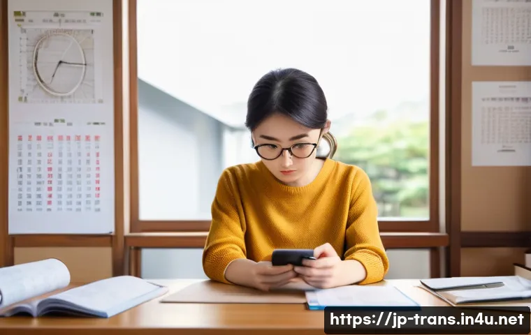 번역사 실기시험 실전 연습법 - A focused Japanese female student in her early 20s sitting at a wooden desk in a bright, modern stud...
