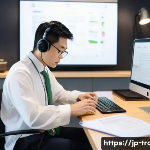 번역사 자격증 취득 후 해외 취업 - A professional Japanese translator working remotely at a cozy modern home office, surrounded by mult...