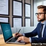 번역사 연봉 협상 사례 - A professional freelance translator in a modern home office, sitting confidently at a desk with mult...