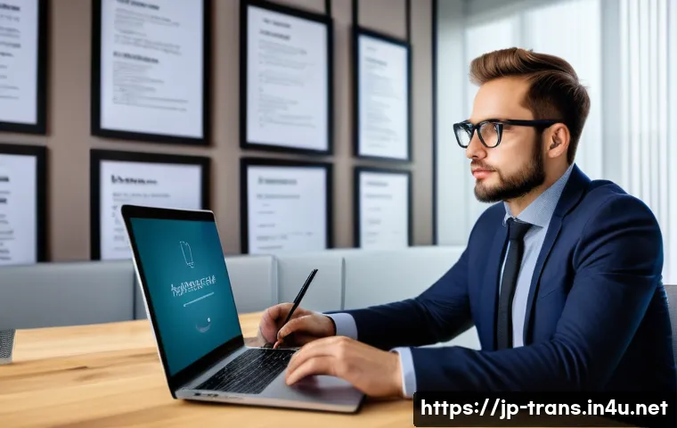 번역사 연봉 협상 사례 - A professional freelance translator in a modern home office, sitting confidently at a desk with mult...