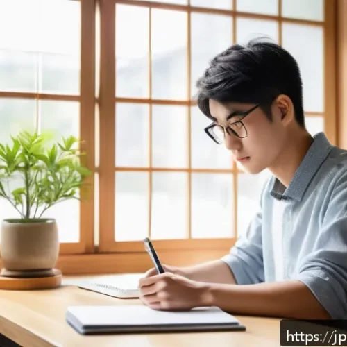 번역사 필기시험 합격률 높이기 - A modern Japanese study room scene in the morning, featuring a young adult Japanese student sitting ...