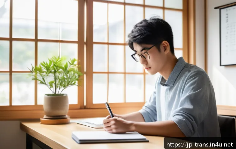 번역사 필기시험 합격률 높이기 - A modern Japanese study room scene in the morning, featuring a young adult Japanese student sitting ...