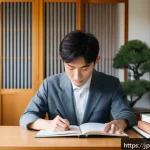 번역사 자격증 시험 일정 - A modern study room scene featuring a young Japanese professional preparing for a translation certif...