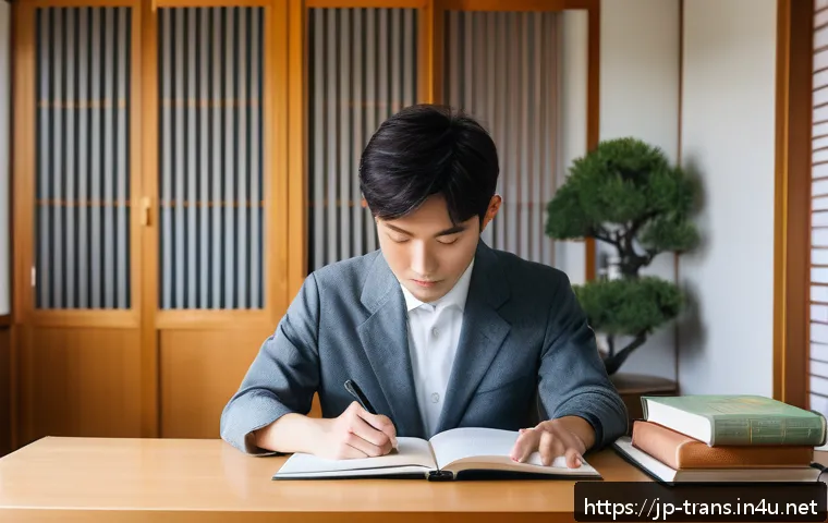 번역사 자격증 시험 일정 - A modern study room scene featuring a young Japanese professional preparing for a translation certif...