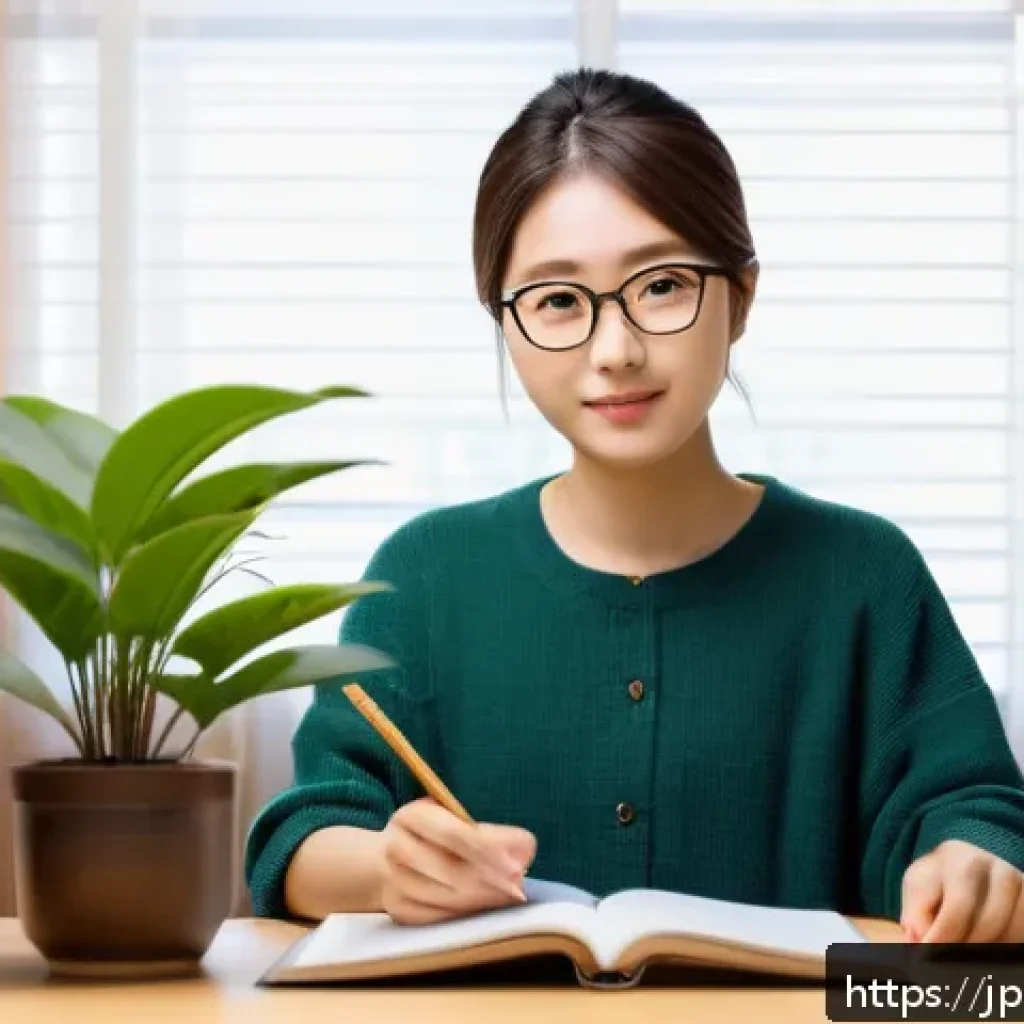번역사 자격증 필기시험 공부법 - A modern Japanese study room scene featuring a young adult Japanese person sitting at a clean wooden...