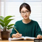 번역사 자격증 필기시험 공부법 - A modern Japanese study room scene featuring a young adult Japanese person sitting at a clean wooden...