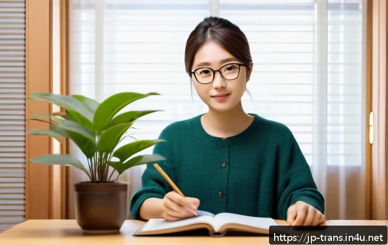 번역사 자격증 필기시험 공부법 - A modern Japanese study room scene featuring a young adult Japanese person sitting at a clean wooden...