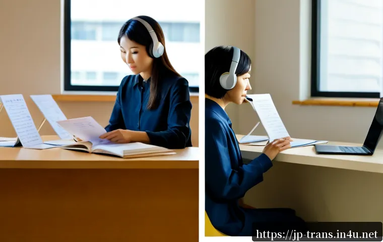 번역사 자격증 이론과 실기 차이 - Photorealistic split-composition study scene showing translator certification theory versus practica...